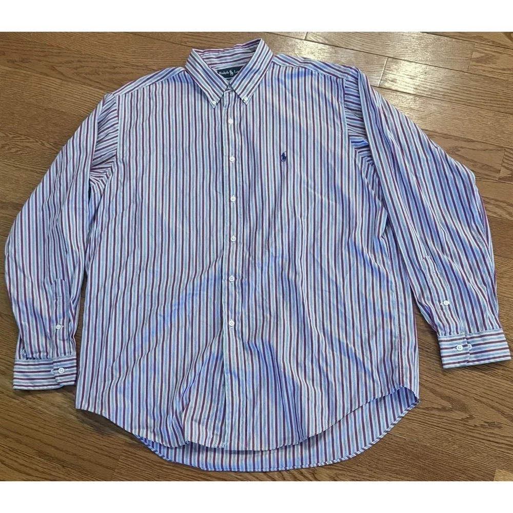 Polo Ralph Lauren Shirt Men XL Purple Blue Stripe Long Sleeve Casual Classic Fit